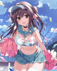 Rule 34 | 1girl, :d, aqua skirt, black choker, blue sky, breasts, brown eyes, brown hair, cheerleader, choker, cleavage, cloud, collarbone, commentary request, day, highres, karory, long hair, looking at viewer, medium breasts, navel, open mouth, original, outdoors, pom pom (cheerleading), skirt, sky, smile, solo, stadium, thighhighs, thighs, twintails, visor cap, white thighhighs, zettai ryouiki