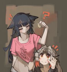 Rule 34 | 2girls, ?, absurdres, animal ears, arknights, arm up, black hair, blunt bangs, brown hair, closed mouth, clothes tug, commentary, crop top, ears down, english commentary, facing another, hands up, highres, holding, jessica (arknights), keep calm and carry on, long hair, long sleeves, looking at viewer, midriff, multicolored hair, multiple girls, navel, notice lines, orange eyes, orange hair, pink shirt, shirt, short sleeves, sidelocks, snowsant (arknights), stomach, streaked hair, togekk0