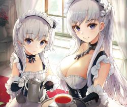Rule 34 | 2girls, aged down, apron, azur lane, belfast (azur lane), blue eyes, blush, braid, breasts, chain, cleavage, collar, collarbone, cup, day, dress, french braid, frills, glint, gloves, highres, holding, holding saucer, holding teapot, indoors, large breasts, little bel (azur lane), long hair, looking at viewer, maid, maid headdress, multiple girls, neck ribbon, ribbon, saucer, smile, tea, teacup, teapot, vase, white gloves, white hair, window, yohaku