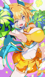 Rule 34 | + +, 1girl, armpits, blonde hair, blue eyes, blush, bombergirl, breasts, cheerleader, cleavage, clover, clover-shaped pupils, colored tips, commentary request, fuse, fuse tail, hair intakes, highres, horns, large breasts, looking at viewer, midriff, multicolored hair, necktie, omochishiki, open mouth, oppai loli, pine (bombergirl), pleated skirt, pom pom (cheerleading), ribbon, short hair, skirt, sleeveless, solo, symbol-shaped pupils, tail, tail ornament, tail ribbon, twintails, two-tone hair, wings, yellow pupils