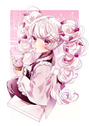Rule 34 | 1girl, ayumaru (art of life), blush, closed mouth, commentary request, dango, eating, food, frilled sleeves, frills, from side, hair ornament, heart, heart hair ornament, highres, holding, holding food, japanese clothes, kimono, long hair, long sleeves, looking at viewer, looking to the side, open clothes, original, purple eyes, purple kimono, short eyebrows, sitting, solo, thick eyebrows, twintails, very long hair, wagashi, white hair, wide sleeves
