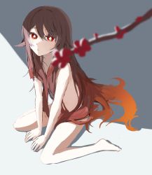 Rule 34 | 1girl, blurry, blurry foreground, branch, brown hair, collarbone, flower, flower-shaped pupils, genshin impact, hair censor, hands on ground, highres, hu tao (genshin impact), long hair, looking at viewer, nnnagikiho, nude, red eyes, red flower, shadow, simple background, solo, symbol-shaped pupils, very long hair, white background