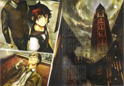 Rule 34 | 1girl, 2boys, abe yoshitoshi, ain, building, city, cityscape, despera, glasses, multiple boys, red eyes, red hair, ribbon, scan, short hair, smoking, translation request