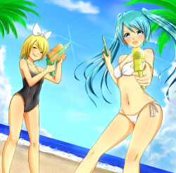 Rule 34 | 2girls, baretto (karasi07), beach, bikini, black one-piece swimsuit, blonde hair, blue eyes, blue hair, breasts, cleavage, cloud, day, firing at viewer, grin, groin, gun, hair ribbon, hatsune miku, highres, holding, holding gun, holding weapon, kagamine rin, long hair, looking at viewer, multiple girls, navel, ocean, one-piece swimsuit, open mouth, outdoors, ribbon, short hair, side-tie bikini bottom, sky, small breasts, smile, swimsuit, twintails, vocaloid, water gun, weapon, white bikini, white ribbon, yellow eyes