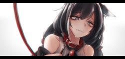 Rule 34 | 1girl, animal ears, black hair, blue eyes, crying, frown, highres, karyl (princess connect!), leash, letterboxed, long hair, open shoulder, princess connect!, rkzrok, solo, viewer holding leash, white background