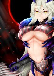 Rule 34 | 1girl, absurdres, artoria pendragon (all), artoria pendragon (fate), artoria pendragon (lancer alter) (fate), blonde hair, bodysuit, breasts, center opening, cleavage, closed mouth, cowboy shot, expressionless, fate/grand order, fate (series), gloves, highres, holding, holding sword, holding weapon, lance, large breasts, long hair, looking at viewer, navel, newovermind, polearm, purple gloves, saber (fate), saber alter, shiny skin, solo, spear, stomach, sword, thighs, underboob, very long hair, weapon, yellow eyes