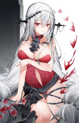 Rule 34 | 1girl, 3:, adapted costume, angelfish, arknights, arm at side, arm under breasts, ascot, bare shoulders, black ascot, blush, breasts, cleavage, closed mouth, clothing cutout, dated, detached collar, feet out of frame, fish, grey hair, headgear, highres, knee up, large breasts, leotard, long hair, navel, navel cutout, red eyes, red leotard, signature, simple background, sitting, skadi (arknights), skadi the corrupting heart (arknights), solo, strapless, strapless leotard, suaynnai wanzi, thigh strap, very long hair, white background