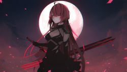 Rule 34 | absurdres, ahoge, backlighting, black dress, black gloves, bloody queen (elsword), breasts, cleavage, cleavage cutout, closed mouth, clothing cutout, commentary request, cowboy shot, dark background, dress, elbow gloves, elesis (elsword), elsword, full moon, gloves, highres, holding, holding sword, holding weapon, katana, lace, lace-trimmed dress, lace trim, long hair, looking at viewer, medium breasts, moon, moonlight, petals, red eyes, serious, sheath, shiliuye feiyu, solo, sword, unsheathing, very long hair, weapon, weapon on back