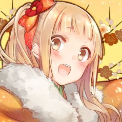 Rule 34 | 1girl, asymmetrical hair, blonde hair, blunt bangs, blush, bow, brown eyes, cherry blossoms, flower, fur trim, hair bow, happy, japanese clothes, kimono, long hair, looking at viewer, ponytail, red bow, red riding hood (sinoalice), side ponytail, sinoalice, solo, teeth, teroru, upper body, upper teeth only