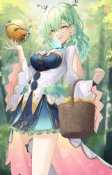 Rule 34 | 1girl, antlers, apple, artist logo, awa (awao141), basket, blue dress, blurry, blurry background, braid, braided bangs, branch, breasts, ceres fauna, ceres fauna (1st costume), closed mouth, clothing cutout, day, dress, earrings, flower, food, forest, frilled dress, frills, fruit, golden apple, green flower, green hair, green rose, hair flower, hair ornament, hair over one eye, hands up, highres, hololive, hololive english, horns, jewelry, large breasts, leaf, light blush, long hair, looking at viewer, mole, mole under eye, nature, outdoors, rose, shoulder cutout, single thighhigh, smile, solo, standing, thighhighs, tree, virtual youtuber, white flower, white thighhighs, wide sleeves, yellow eyes