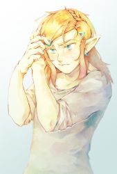 1boy alternate_hairstyle arms_up blonde_hair blue_eyes blush braid crown_braid earrings embarrassed highres jewelry link long_hair male_focus nintendo pearjarrr pointy_ears princess_zelda short_hair solo standing sweat the_legend_of_zelda the_legend_of_zelda:_breath_of_the_wild twitter_username upper_body