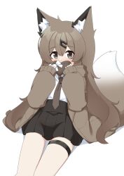 Rule 34 | 1girl, animal ear fluff, animal ears, black skirt, brown eyes, brown hair, brown jacket, brown necktie, candy, chocolate, chocolate heart, commentary, covered mouth, english commentary, food, fox ears, fox girl, fox tail, gevuxx, hair between eyes, hair ornament, hairclip, heart, highres, holding, holding chocolate, holding food, jacket, long hair, long sleeves, looking at viewer, making-of available, necktie, original, shirt, skirt, sleeves past wrists, solo, tail, thigh strap, upper body, white shirt