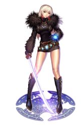 Rule 34 | 1girl, black dress, black footwear, boots, breasts, closed mouth, cropped jacket, dress, dungeon and fighter, earrings, female slayer (dungeon and fighter), full body, fur, fur trim, hand on own hip, holding, holding sword, holding weapon, jewelry, katana, knee boots, long hair, long sleeves, looking at viewer, magic circle, medium breasts, necklace, red eyes, short dress, smile, solo, standing, sword, turna98, turtleneck, turtleneck dress, weapon, white hair