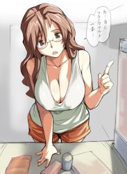 Rule 34 | 00s, 1girl, bespectacled, blush, breasts, brown eyes, brown hair, cleavage, downblouse, female focus, glasses, interlude, large breasts, long hair, marufuji izumi, open mouth, pointing, refrigerator, shorts, solo, tank top, text focus, translated, tsuda nanafushi