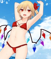 Rule 34 | 1girl, arm up, armpits, bikini, blonde hair, blush, breasts, cameltoe, covered erect nipples, female focus, flandre scarlet, frilled bikini, frills, gluteal fold, groin, hair ornament, hair ribbon, highres, looking at viewer, medium breasts, miyo (ranthath), ocean, open mouth, outdoors, red bikini, red eyes, ribbon, shiny skin, short hair, sky, smile, solo, standing, swimsuit, touhou, wings