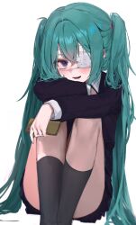 1girl absurdres aqua_eyes aqua_hair arms_on_knees black_jacket black_skirt black_socks collared_shirt eyepatch feet_out_of_frame fingernails hair_between_eyes hashtag-only_commentary hatsune_miku highres holding holding_phone iomaaki jacket kneehighs looking_at_viewer medical_eyepatch monitoring_(vocaloid) phone shirt skirt smile socks twintails vocaloid white_shirt