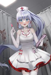 Rule 34 | 1girl, absurdres, ayaka (genshin impact), bandaged neck, bandages, bare shoulders, blood, blood splatter, blue eyes, blue hair, blush, bow, breasts, cleavage, clipboard, collarbone, dress, elbow gloves, genshin impact, gloves, hair ornament, halloween, hat, highres, holding, holding clipboard, holding syringe, indoors, large breasts, long hair, nurse, nurse cap, open mouth, ponytail, red bow, smile, solo, syringe, thighhighs, very long hair, white dress, white gloves, white thighhighs, yshnc22