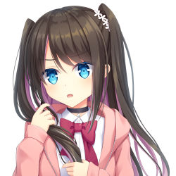 Rule 34 | 1girl, blue eyes, blush, bow, bowtie, brown hair, collar, collared shirt, colored inner hair, commentary request, flower, hair between eyes, hair flower, hair ornament, highres, holding, holding hair, iwamoto sora, jacket, kaga nazuna, long sleeves, looking at viewer, lupinus virtual games, multicolored hair, open mouth, pink jacket, purple hair, red neckwear, shirt, simple background, two-tone hair, upper body, virtual youtuber, vspo!, white background, white shirt