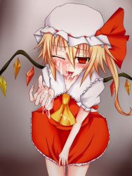 Rule 34 | blonde hair, blush, bow, cum, facial, flandre scarlet, hat, mob cap, one eye closed, red eyes, ribbon, short hair, side ponytail, solo, touhou, wings, wink