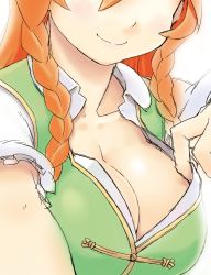 Rule 34 | 1girl, braid, breasts, cleavage, collarbone, hair between eyes, hong meiling, kagehito, large breasts, long hair, out of frame, outside border, puffy short sleeves, puffy sleeves, red hair, shirt, short sleeves, simple background, smile, solo, touhou, twin braids, unbuttoned, unbuttoned shirt, upper body, white background, white shirt