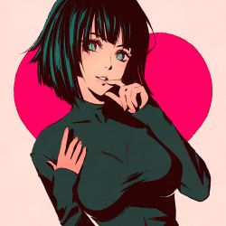 Rule 34 | 1girl, black hair, breasts, dress, finger to mouth, fubuki (one-punch man), green dress, green eyes, green hair, heart, jewelry, large breasts, long sleeves, moshimoshibe, necklace, one-punch man, pink background, short hair, smile, solo, upper body