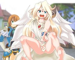 Rule 34 | 2girls, angel, angel wings, armor, armored dress, bad id, bad pixiv id, bare legs, barefoot, blonde hair, blue eyes, blush, bottomless, bracelet, breasts, brown hair, censored, chihashi keishuu, circlet, cleavage, dress, epaulettes, fantasy, feathered wings, feet, gloves, green eyes, hand on own hip, ilias, impossible clothes, jewelry, large breasts, long hair, mon-musu quest!, mon-musu quest: paradox, monster girl, mosaic censoring, multiple girls, no panties, open mouth, outdoors, pointing, pointing at viewer, pointy ears, pussy, pussy peek, sash, short hair, slit pupils, smile, solo focus, sonya (mon-musu quest!), tiara, torotoro resistance, very long hair, white wings, wings
