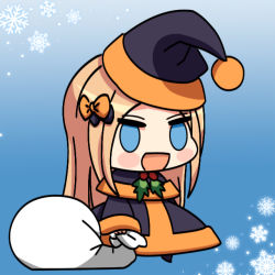 Rule 34 | 1girl, :d, abigail williams (fate), alternate costume, black bow, black capelet, black dress, black hat, blonde hair, blue eyes, blush stickers, bow, capelet, chibi, commentary, dress, fate/grand order, fate (series), full body, hair bow, hat, holding, holding sack, long hair, long sleeves, looking at viewer, maximilian-destroyer, meme, open mouth, orange bow, padoru (meme), parted bangs, romaji commentary, sack, santa costume, santa hat, sleeves past wrists, smile, snowflakes, solo, very long hair, wide sleeves