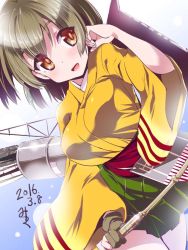 Rule 34 | 10s, 1girl, 2016, :d, arrow (projectile), blush, bow (weapon), breasts, brown eyes, brown gloves, cowboy shot, dated, eyebrows, flight deck, glint, gloves, green hair, hakama, hakama short skirt, hakama skirt, hand in own hair, hand up, hiryuu (kancolle), holding, holding weapon, japanese clothes, kantai collection, kimono, large breasts, long sleeves, looking at viewer, miuku (marine sapphire), nontraditional miko, open mouth, partially fingerless gloves, pleated skirt, quiver, short hair, skirt, smile, solo, tareme, thigh gap, thighs, walking, weapon, wide sleeves