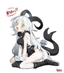 Rule 34 | 1girl, absurdres, bandaged arm, bandaged leg, bandages, black gloves, boots, breasts, character request, copyright request, fang, full body, gloves, highres, horns, kokaki mumose, long hair, medium breasts, nut (hardware), open mouth, sideboob, simple background, sitting, sleeveless, solo, stitches, tail, thighs, white hair, yellow eyes
