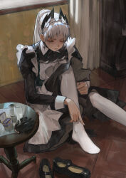 Rule 34 | 1girl, absurdres, apron, arknights, black dress, black footwear, black gloves, closed eyes, closed mouth, curtains, dress, gloves, unworn gloves, highres, indoors, irene (arknights), irene (voyage of feathers) (arknights), knee up, long hair, long sleeves, maid, maid apron, maid headdress, pantyhose, peach21, ponytail, shoes, unworn shoes, sitting, solo, white hair, white pantyhose