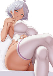 Rule 34 | 1girl, ahoge, blush, breasts, couch, covered erect nipples, crossed legs, dark-skinned female, dark skin, green eyes, grey hair, gundam, gundam suisei no majo, halter leotard, halterneck, highres, large breasts, leotard, looking at viewer, naughty face, open mouth, secelia dote, short hair, simple background, sitting, skindentation, smile, solo, thighhighs, thighs, white background, white leotard, white nails, white thighhighs, yasojima nejiro