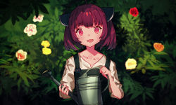 Rule 34 | 1girl, bad id, bad pixiv id, black background, brown eyes, brown hair, cio hakatano, commentary, floral background, flower, headgear, highres, holding, holding watering can, looking at viewer, open mouth, orange flower, red flower, shirt, short hair, smile, solo, suspenders, touhoku kiritan, upper body, voiceroid, water gun, watering can, white flower, white shirt, yellow flower
