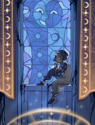 Rule 34 | 1boy, 1other, artist name, child, freckles, glass, hat, highres, long sleeves, looking at viewer, moon (ornament), pajamas, red eyes, robinoxel, shoes, sitting, smile, sun symbol, the collector (the owl house), the owl house, white hair, window