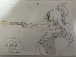 Rule 34 | 1girl, bare shoulders, black hair, blue archive, breasts, choker, colored pencil (medium), cowboy shot, dress, expressionless, firing, gun, h&amp;k p30, halo, handgun, highres, holding, holding gun, holding weapon, horns, kayoko (blue archive), kayoko (dress) (blue archive), long hair, multicolored hair, muzzle flash, papiyon1297, photo (medium), profile, sketch, small breasts, solo, suppressor, traditional media, two-tone hair, weapon, white hair