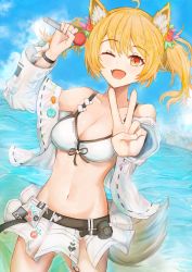 Rule 34 | 1girl, absurdres, ahoge, animal ear fluff, animal ears, arknights, arm up, bad id, bad pixiv id, bare shoulders, belt, bikini, bikini skirt, black belt, blonde hair, blue sky, blush, breasts, cleavage, cloud, commentary request, cowboy shot, day, fang, flower, groin, hair between eyes, highres, holding, holding microphone, huge filesize, long sleeves, medium breasts, microphone, microskirt, navel, off shoulder, official alternate costume, open clothes, open shirt, outdoors, red eyes, shirt, short hair, skirt, sky, solo, sora (arknights), sora (summer flowers) (arknights), standing, stomach, swimsuit, twintails, v, wachikou, water, white bikini, white flower, white shirt, white skirt, wolf ears