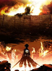 Rule 34 | 1boy, asano kyouji, back, bald, black hair, boots, burning, burning building, city, cleaned, colossal titan, destruction, dual wielding, epic, eren yeager, fire, from behind, from below, giant, giant monster, highres, holding, house, jacket, kaijuu, key visual, male focus, military, military uniform, monochrome, monster, muscular, official art, promotional art, shingeki no kyojin, short hair, smoke, standing, steam, sword, teeth, three-dimensional maneuver gear, titan (shingeki no kyojin), uniform, wall, weapon