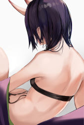 Rule 34 | 1girl, absurdres, back, back focus, backboob, bare back, bare shoulders, bob cut, breasts, facing away, fate/grand order, fate (series), highres, horns, japanese clothes, kimono, knee up, oni, open clothes, open kimono, pointy ears, purple hair, purple kimono, revealing clothes, san (harutuki 3), short hair, shuten douji (fate), simple background, sitting, skin-covered horns, small breasts, solo, white background