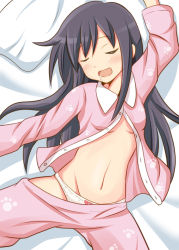 Rule 34 | 10s, 1girl, :d, alternate costume, asashio (kancolle), bed, black hair, blush, bow, bow panties, breasts, buttons, drooling, eyebrows, closed eyes, kantai collection, long hair, long sleeves, lying, navel, on back, open clothes, open mouth, pajamas, panties, pants, paw print, pillow, print pajamas, saliva, sleeping, small breasts, smile, solo, spread legs, tamayan, underwear, white panties
