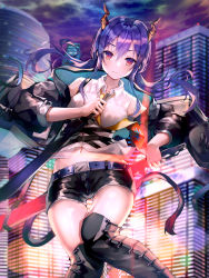 Rule 34 | 1girl, absurdres, arknights, bad id, bad pixiv id, bare shoulders, belt, black jacket, black shorts, blue hair, blurry, boots, breasts, building, ch&#039;en (arknights), cityscape, collared shirt, depth of field, diffraction spikes, dragon horns, dragon tail, dual wielding, floating hair, highres, holding, horns, jacket, kerno, large breasts, long hair, looking at viewer, low twintails, midriff, navel, necktie, off shoulder, open clothes, open jacket, outdoors, red eyes, shirt, short shorts, shorts, sleeveless, sleeveless shirt, solo, standing, sword, tail, thigh boots, thighhighs, thighs, twintails, weapon, white shirt