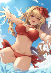 Rule 34 | 1girl, athena (granblue fantasy), bare shoulders, bikini, blue sky, blush, breasts, cleavage, collarbone, flower, granblue fantasy, hibiscus, highres, large breasts, long hair, looking at viewer, navel, ocean, open mouth, outstretched arms, red bikini, sky, smile, solo, swimsuit, thighs, wading, yude