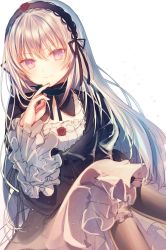 Rule 34 | 1girl, black dress, black feathers, black legwear, blush, closed mouth, crossed legs, dress, feathers, hairband, head tilt, highres, holding, io enishi, lolita hairband, long hair, long sleeves, pink eyes, rozen maiden, silver hair, simple background, smile, solo, suigintou, very long hair, white background