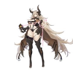 Rule 34 | 1girl, absurdly long hair, ahoge, armor, asymmetrical legwear, belt, belt bra, bikini armor, black thighhighs, blonde hair, boots, breasts, brown cape, cape, chained wrists, cleavage, closed mouth, collar, energy whip, faucre the evil overlord, full body, game cg, gauntlets, hair between eyes, highres, holding, holding whip, horns, large breasts, last origin, light brown hair, linea alba, long hair, looking at viewer, navel, official art, one (dnjsaos86), orange eyes, pale skin, pauldrons, revealing clothes, serious, shoulder armor, shoulder spikes, skindentation, solo, spikes, tachi-e, thick thighs, thigh boots, thigh strap, thighhighs, thighs, transparent background, very long hair, whip, wide hips, yellow eyes