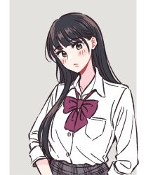 Rule 34 | 1girl, akamirai, animification, arms at sides, black hair, blush, bow, bowtie, breast pocket, brown eyes, buttons, closed mouth, collared shirt, commentary request, dress shirt, grey background, grey skirt, hair behind ear, head tilt, high-waist skirt, highres, ishii haruna, long hair, long sleeves, looking at viewer, outside border, photo-referenced, pillarboxed, plaid, plaid skirt, pocket, real life, red bow, red bowtie, school uniform, shirt, shirt tucked in, sidelocks, simple background, skirt, sleeves pushed up, solo, upper body, voice actor, white shirt