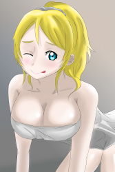 Rule 34 | 1girl, :p, artist request, ayase eli, bare shoulders, blonde hair, blue eyes, blush, breasts, cleavage, female focus, grey background, highres, large breasts, long hair, looking at viewer, love live!, love live! school idol project, naked robe, naked towel, one eye closed, parted lips, ponytail, raku50313, robe, short hair, smile, solo, tongue, tongue out, towel, white background