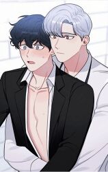 Rule 34 | 2boys, black hair, black shirt, brown eyes, cherry blossoms after winter, closed mouth, grey eyes, hug, jo taesung, long hair, looking at another, multiple boys, open clothes, open mouth, open shirt, seo haebom, serious, shirt, surprised, white hair, white shirt