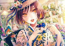 Rule 34 | 1girl, bird, blonde hair, bob cut, brown hair, chair, colored inner hair, cross-laced clothes, cup, earrings, floral print, flower, garden, hat, highres, holding, holding cup, japanese clothes, jewelry, kimono, lace, looking to the side, mole, mole under mouth, multicolored hair, original, painting (medium), parted lips, plant, portrait, print kimono, remon (10112), ribbon, shawl, short hair, solo, straw hat, teacup, traditional media, watercolor (medium), yellow eyes