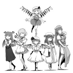 Rule 34 | 6+girls, absurdres, bat wings, book, braid, china dress, chinese clothes, dress, female focus, flandre scarlet, greyscale, hat, head wings, highres, hong meiling, itou yuuji, izayoi sakuya, knife, koakuma, maid, monochrome, multiple girls, patchouli knowledge, ponytail, remilia scarlet, short hair, side ponytail, embodiment of scarlet devil, throwing knife, touhou, twin braids, weapon, wings