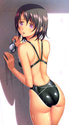 Rule 34 | 1girl, ass, black hair, competition swimsuit, goggles, unworn goggles, highres, kuri (kurigohan), looking at viewer, looking back, one-piece swimsuit, original, purple eyes, shiny skin, skindentation, solo, swimsuit, wet