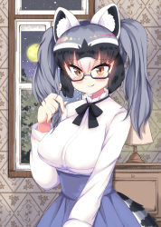 Rule 34 | 1girl, alternate costume, alternate hairstyle, animal ear fluff, animal ears, bespectacled, black hair, blush, brown eyes, closed mouth, collared shirt, commentary request, common raccoon (kemono friends), fang, fang out, frilled shirt collar, frills, furrowed brow, glasses, grey hair, hair between eyes, hand up, highres, indoors, kemono friends, long hair, long sleeves, looking at viewer, moon, multicolored hair, night, night sky, raccoon ears, raccoon tail, ruffling hair, semi-rimless eyewear, shimanoji, shirt, skin fang, skirt, sky, smile, solo, star (sky), starry sky, striped tail, tail, tareme, twintails, under-rim eyewear, upper body, white hair, window