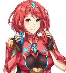 Rule 34 | 1girl, breasts, earrings, fingerless gloves, gloves, hair ornament, jewelry, joy-con, kamu (kamuuei), large breasts, looking at viewer, nintendo, nintendo switch, pyra (xenoblade), red eyes, red hair, short hair, simple background, smile, solo, tiara, white background, xenoblade chronicles (series), xenoblade chronicles 2, xenoblade chronicles (series), xenoblade chronicles 2